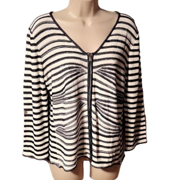 ARMANI Collezioni Women's Black & White Knit Stripe Zippered Jacket Sz 10 Italy - Picture 1 of 4